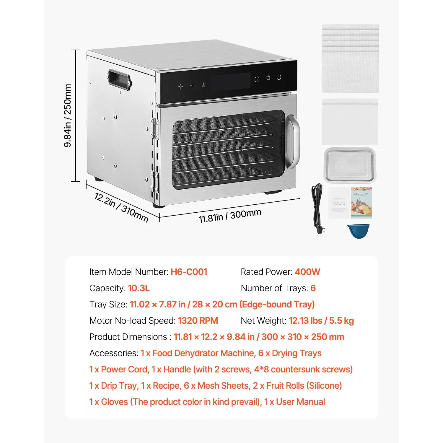 Dehydrator Tray Electric - Voedseldroger, 6 roestvrijstalen bakken, 400W elektrische