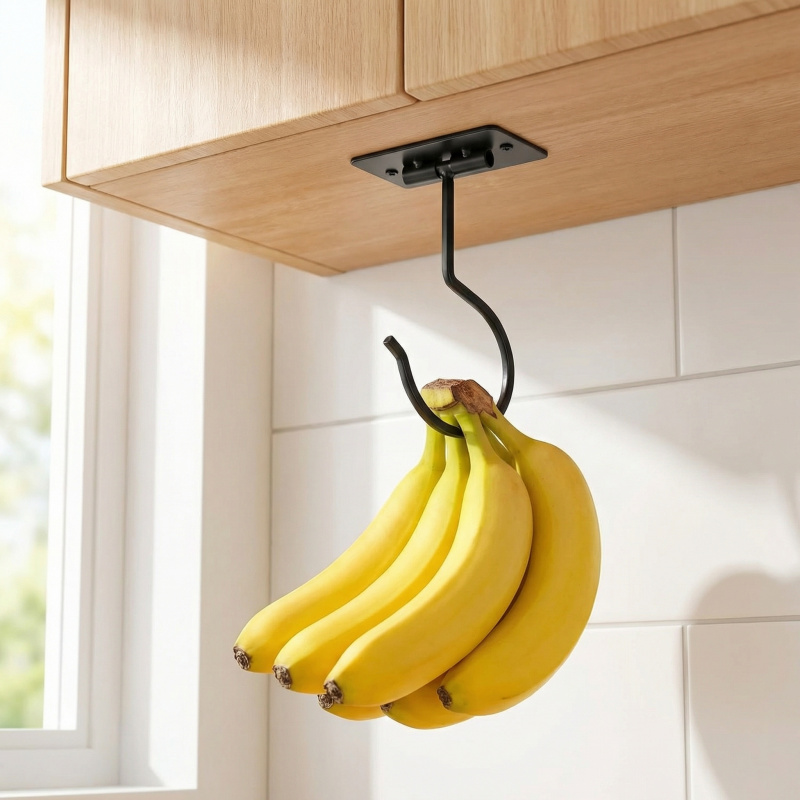 Kitchen Appliances Organizer - Zwart metalen zelfklevende bananenhaak opvouwbaar opbergrek